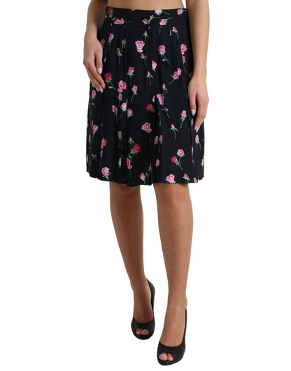 Dolce & Gabbana Black Rose High Waist A-line Knee Length Skirt