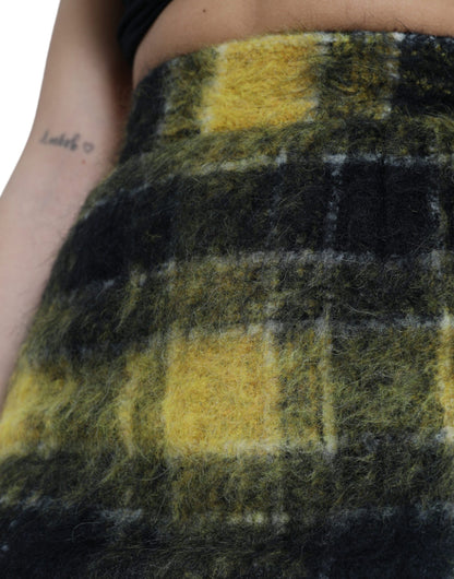 Dolce & Gabbana Yellow Black Brushed Checked Wool Pencil Cut Skirt