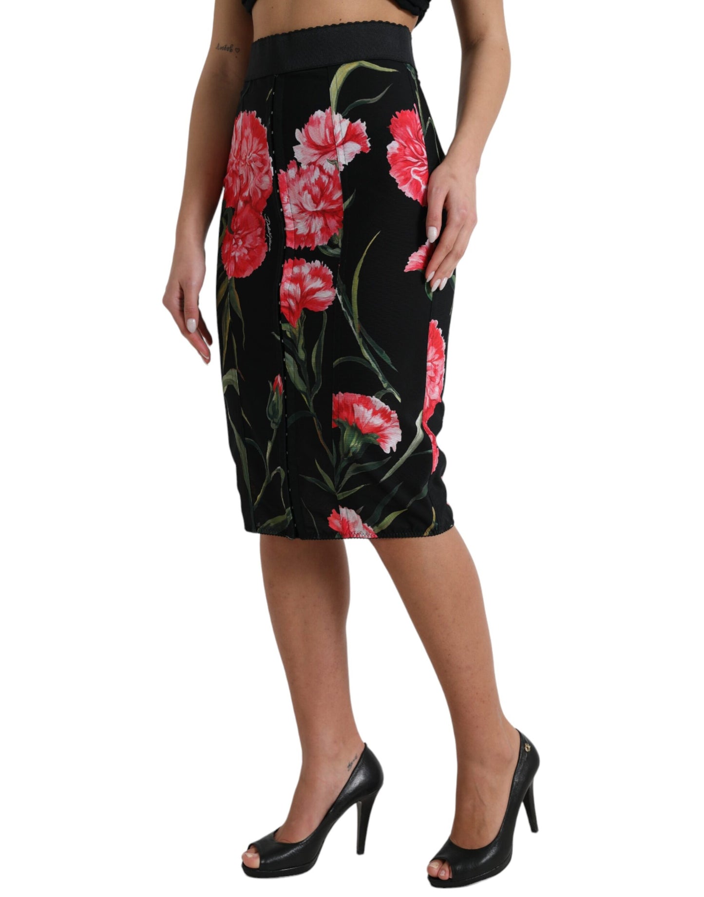 Dolce & Gabbana Black Carnation Pencil Cut Knee Length Skirt