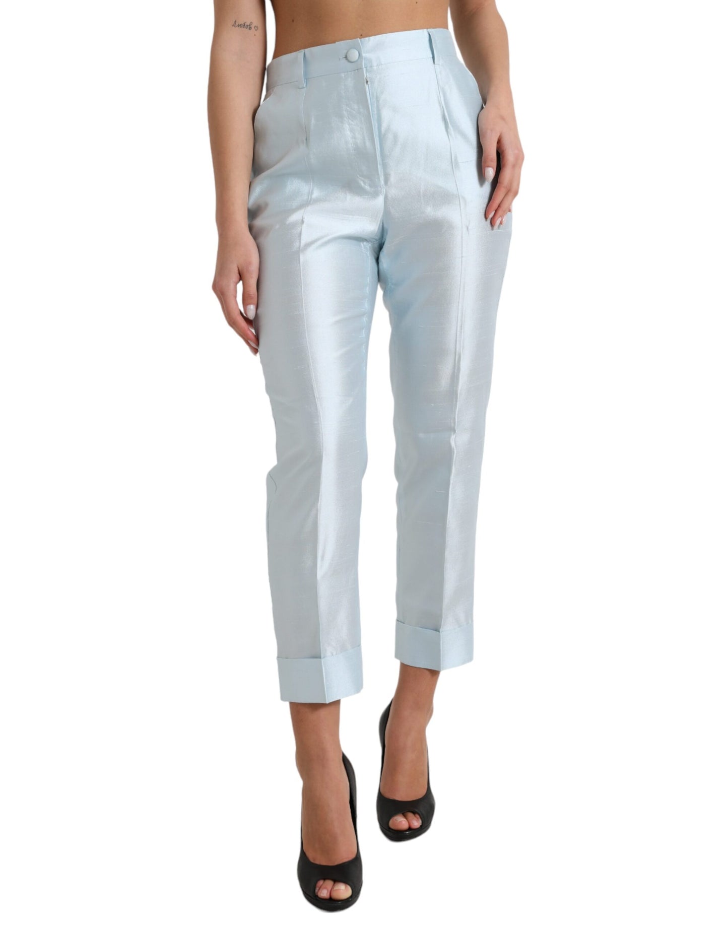 Dolce & Gabbana Sky Blue Silk High Waist Folded Hem Pants