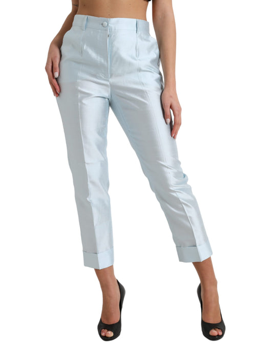 Dolce & Gabbana Sky Blue Silk High Waist Folded Hem Pants