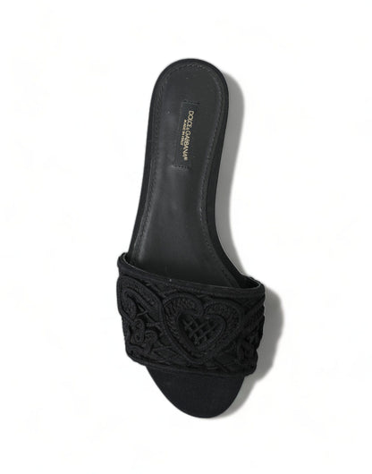 Dolce & Gabbana Elegant Black Heart Embroidery Slide Sandals