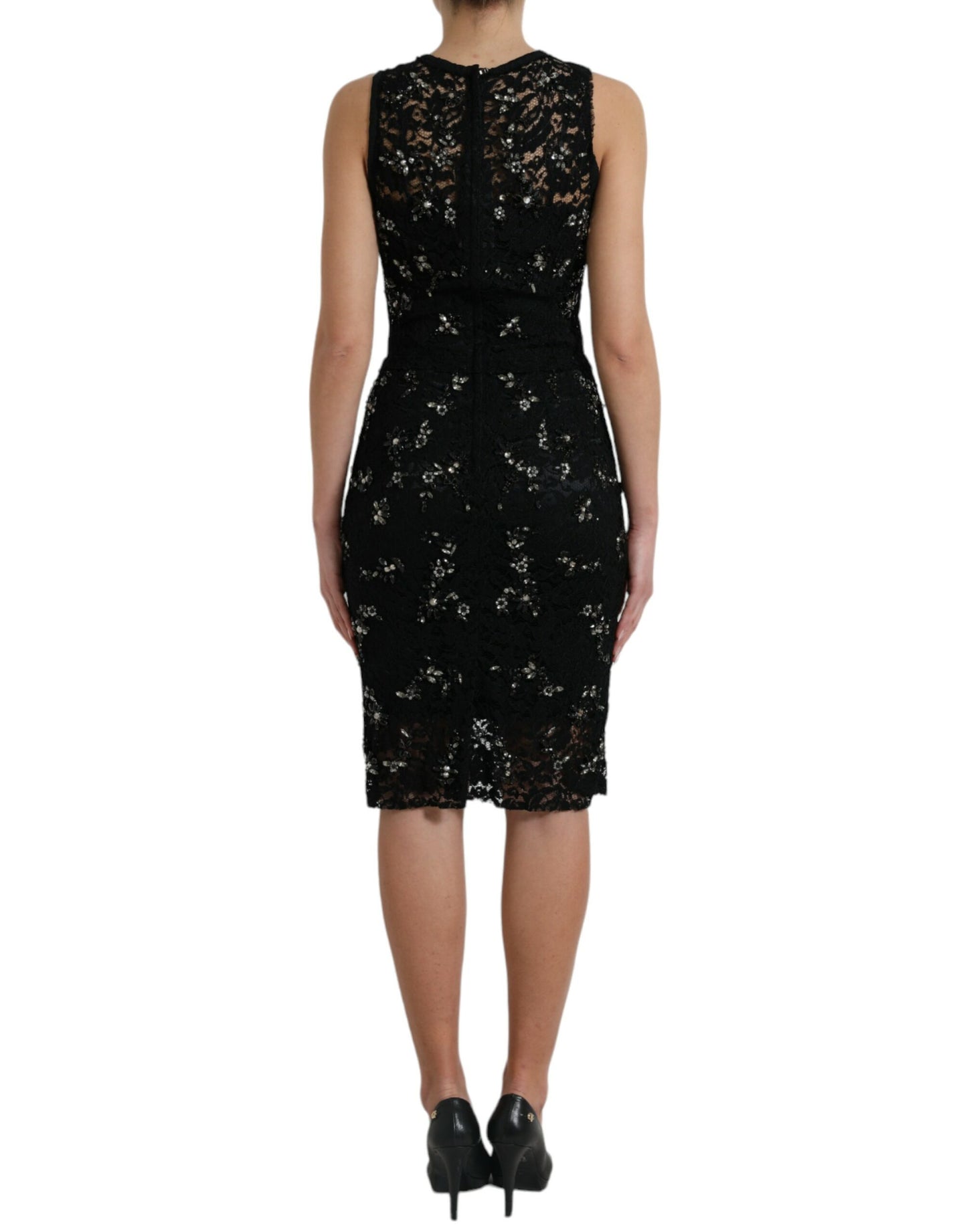 Dolce & Gabbana Black Floral Lace Crystal Sheath Dress