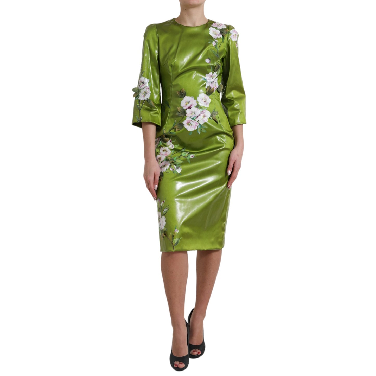 Dolce & Gabbana Green Floral Embellished Sheath Midi Dress