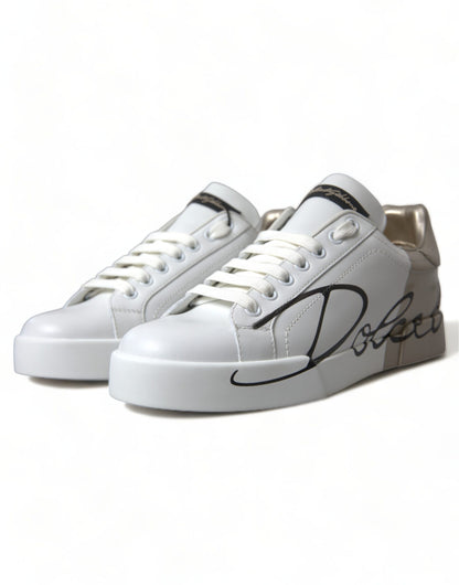 Dolce & Gabbana Elegant White & Gold Leather Sneakers