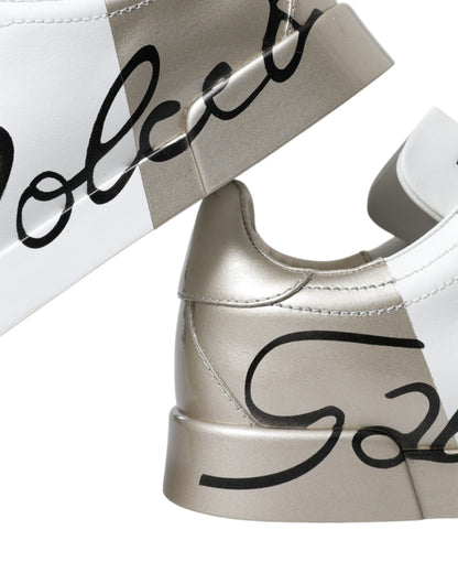 Dolce & Gabbana Elegant White & Gold Leather Sneakers