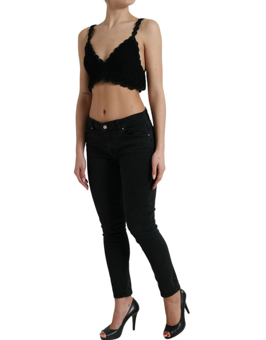 Dolce & Gabbana Black Cotton Bustier Cropped Crochet Tank Top