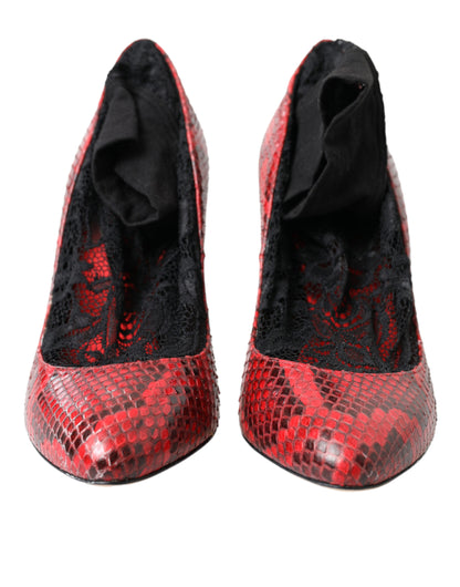 Dolce & Gabbana Red Almond Toe Snakeskin Pumps with Lace Socks