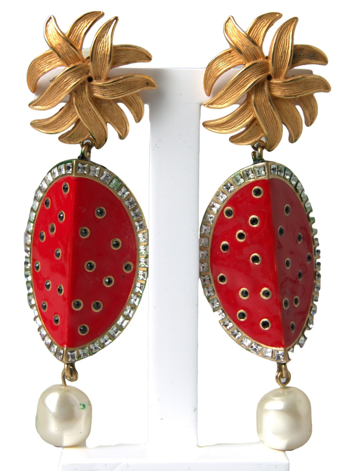 Dolce & Gabbana Red Watermelon Gold Brass Crystal Clip Dangling Earrings