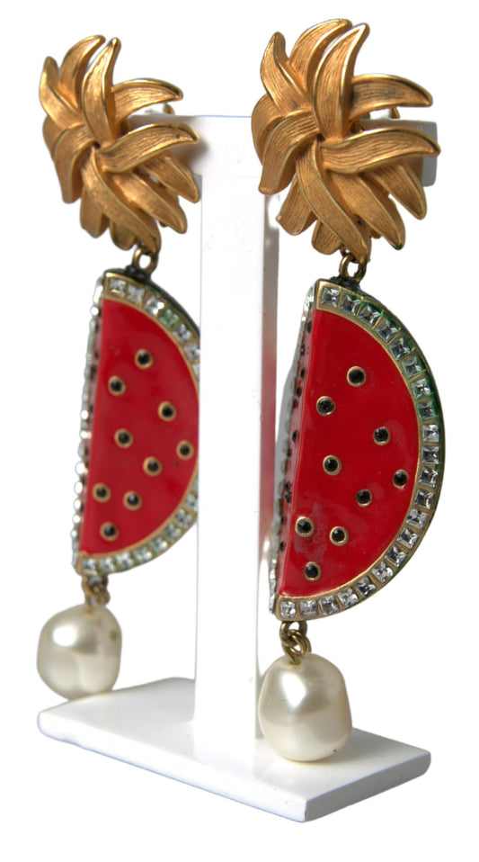 Dolce & Gabbana Red Watermelon Gold Brass Crystal Clip Dangling Earrings