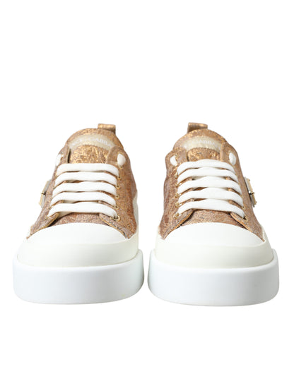 Dolce & Gabbana Gold White Brocade Low Top Sneakers Women Shoes