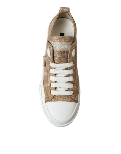 Dolce & Gabbana Gold White Brocade Low Top Sneakers Women Shoes