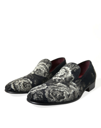 Dolce & Gabbana Black Floral Slippers Men Loafers Dress Shoes