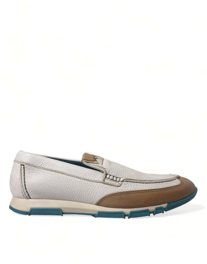 Dolce & Gabbana White Brown Leather Slip On Men Moccasin Shoes