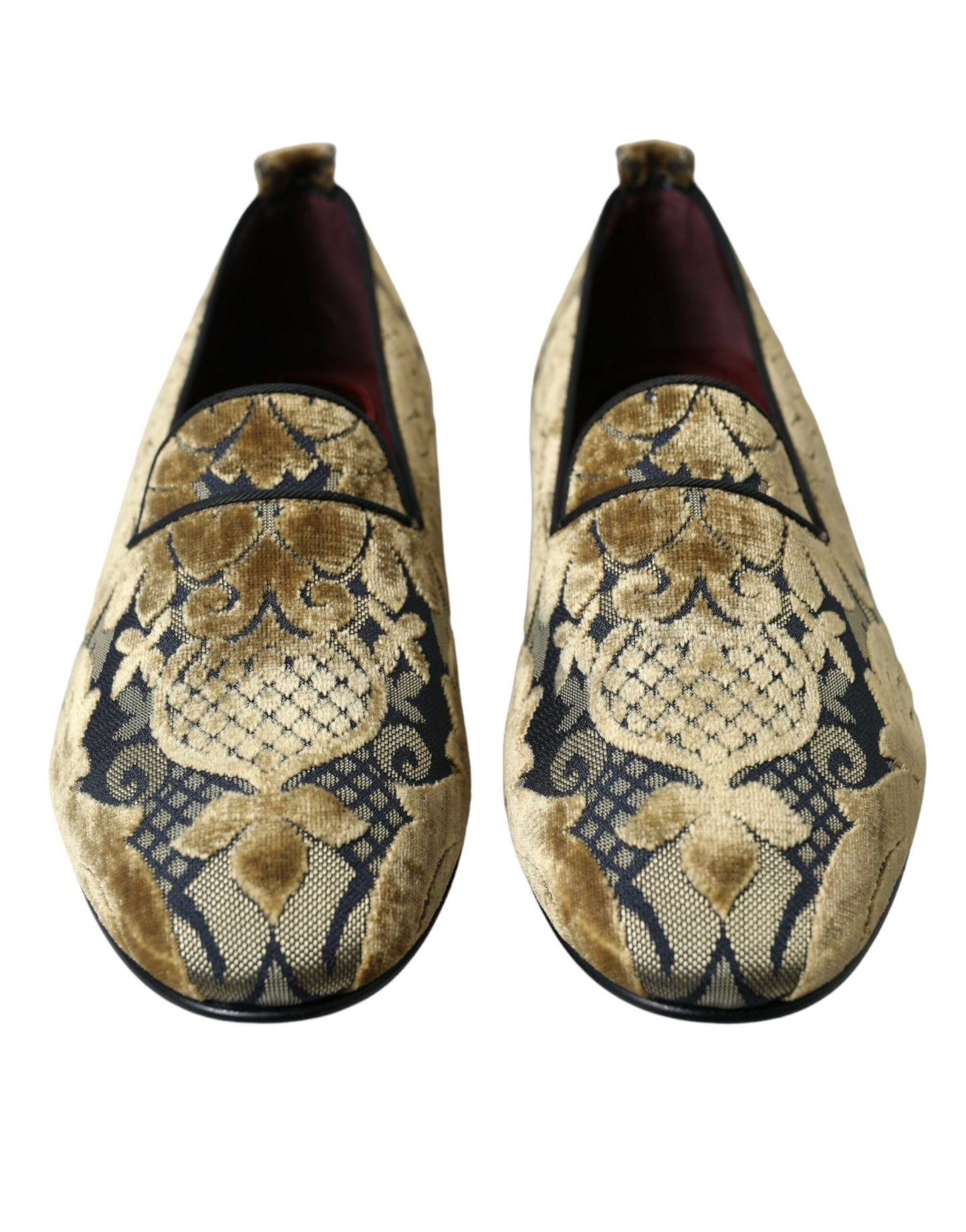 Dolce & Gabbana Gold Velvet Brocade Smoking Slipper Dress Shoes