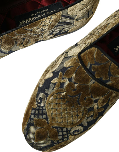 Dolce & Gabbana Gold Velvet Brocade Smoking Slipper Dress Shoes