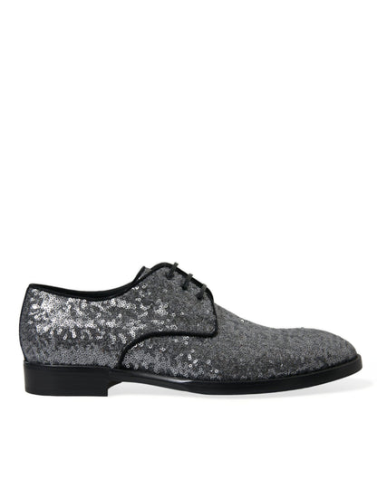 Dolce & Gabbana Silver Sequined Lace Up Men Derby Dress Shoes