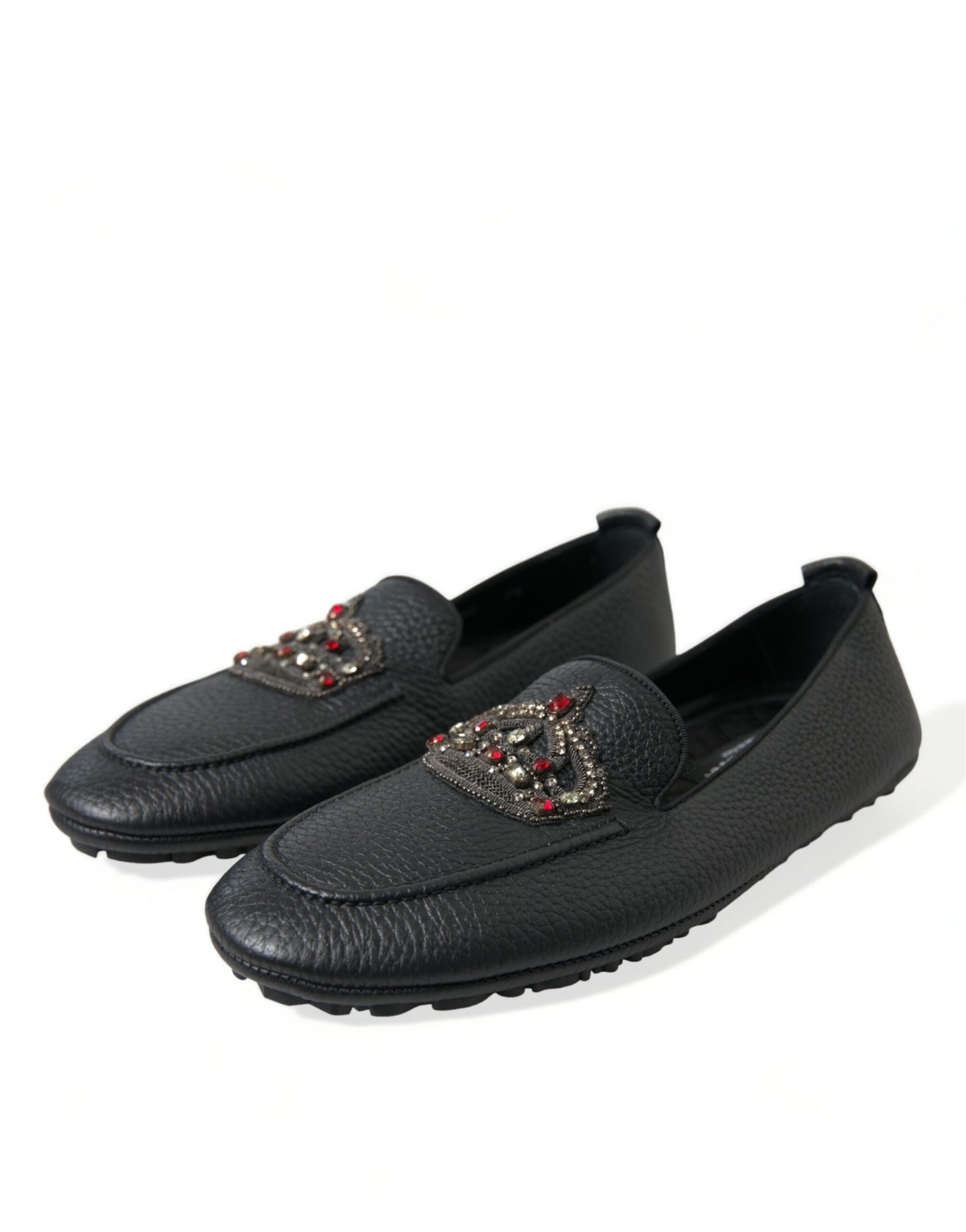 Dolce & Gabbana Black Leather Crystal Embellished Loafers Dress Shoes