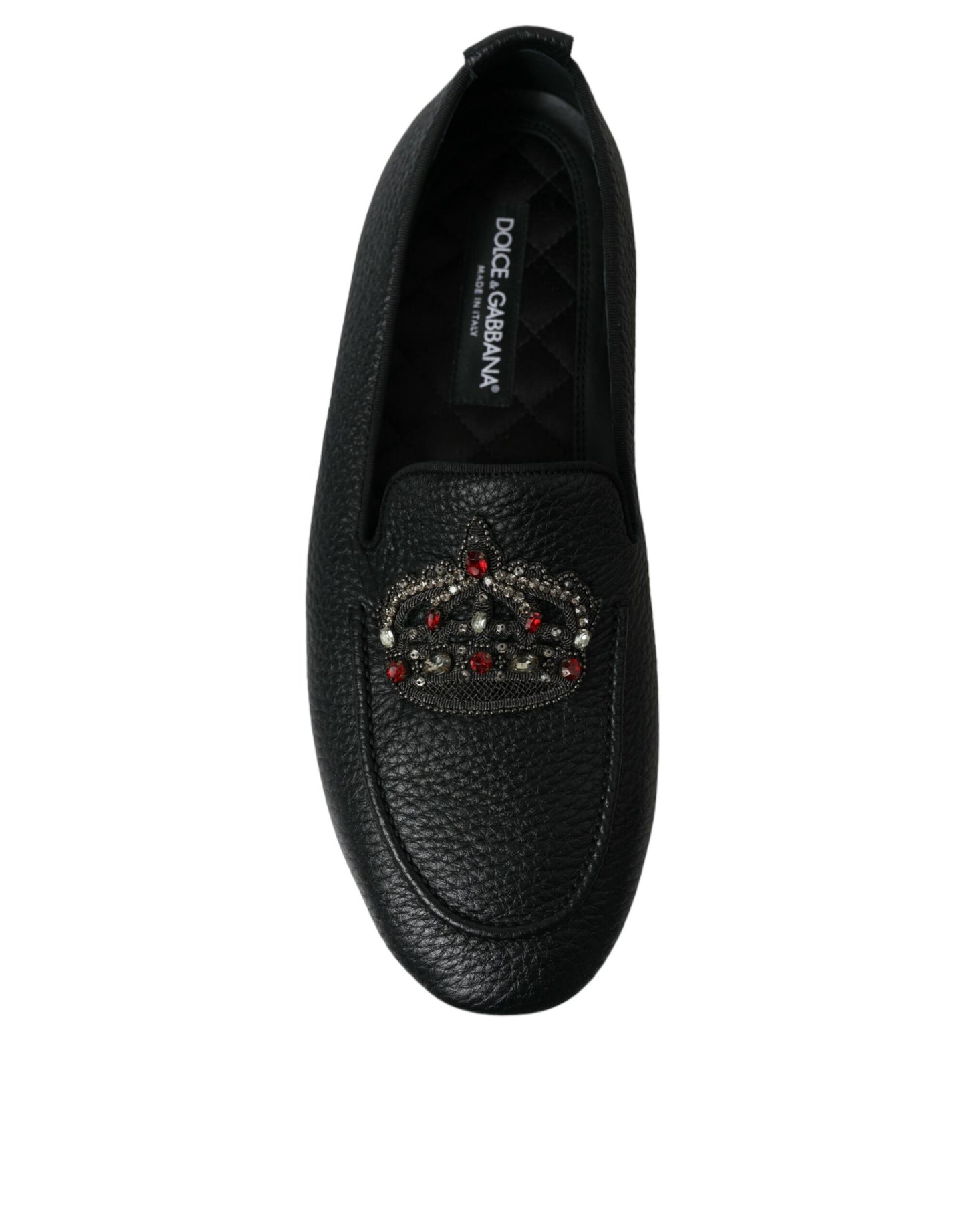 Dolce & Gabbana Black Leather Crystal Embellished Loafers Dress Shoes