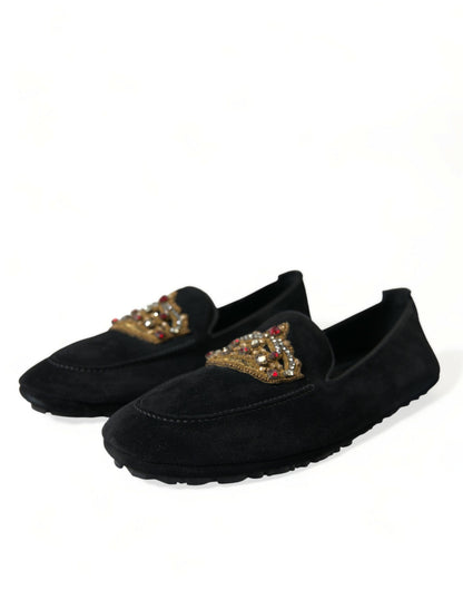 Dolce & Gabbana Black Leather Crystal Crown Loafers Shoes