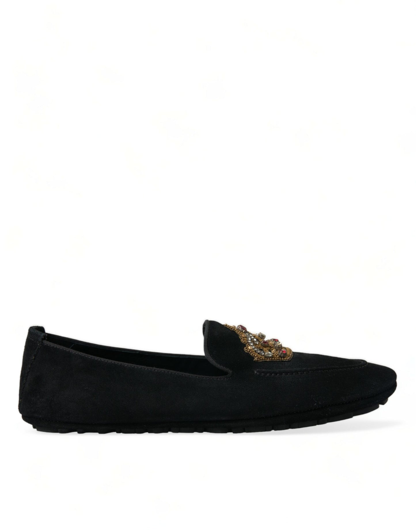 Dolce & Gabbana Black Leather Crystal Crown Loafers Shoes