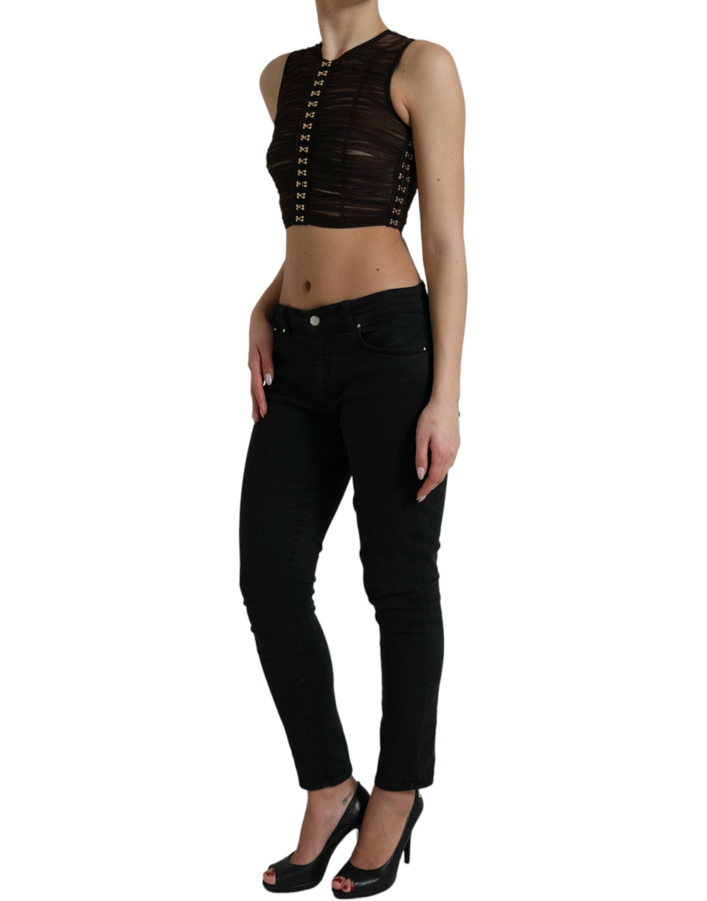 Dolce & Gabbana Brown Embellished Nylon Stretch Cropped Top