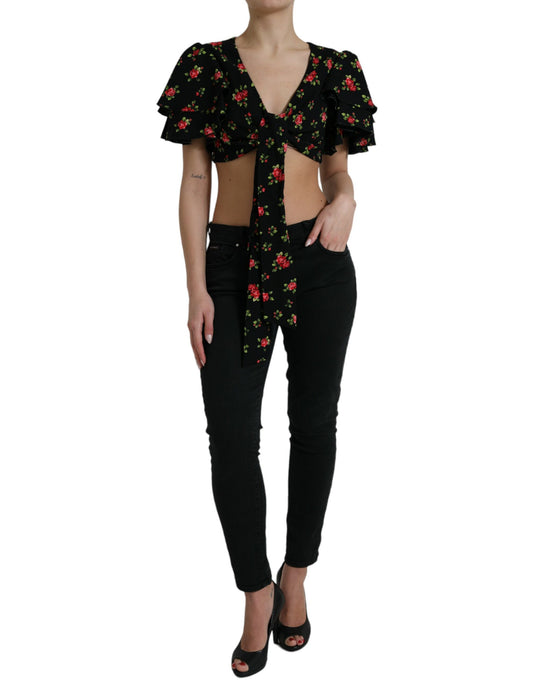 Dolce & Gabbana Black Floral Print Short Sleeves Cropped Top