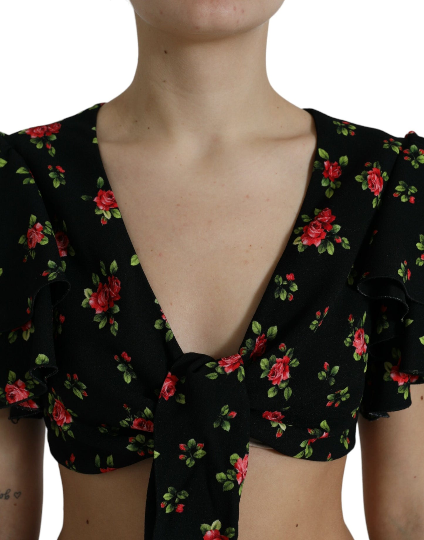 Dolce & Gabbana Black Floral Print Short Sleeves Cropped Top