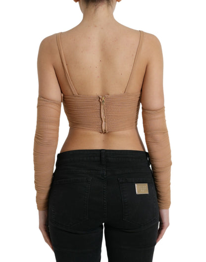 Dolce & Gabbana Brown Nylon Stretch Open Shoulder Cropped Top