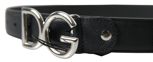 Dolce & Gabbana Black Leather Silver Logo Metal Buckle Belt