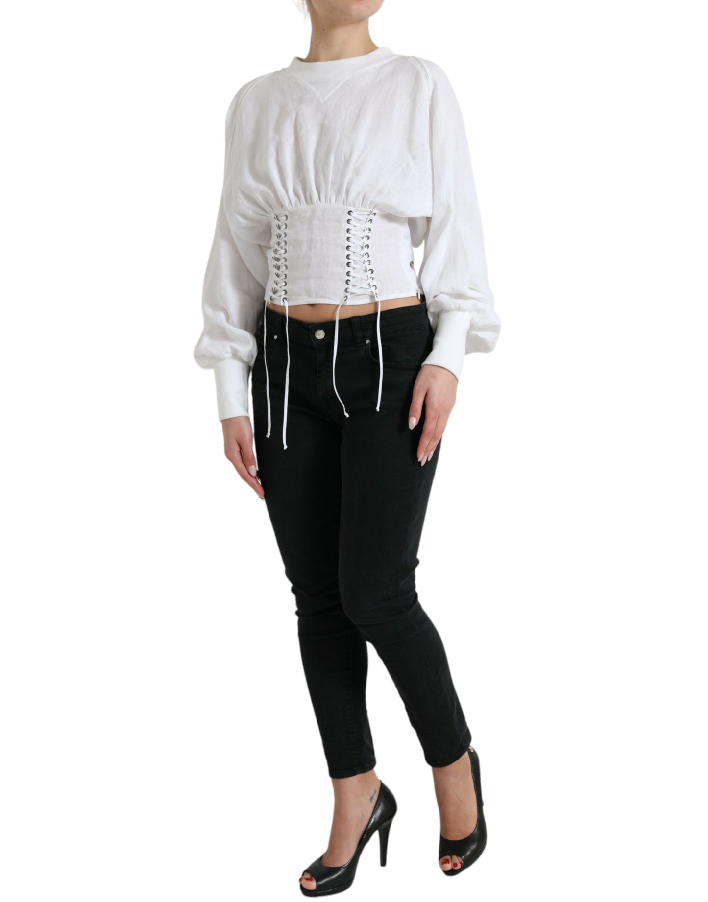 Dolce & Gabbana White Cotton Corset Cropped Long Sleeves Top