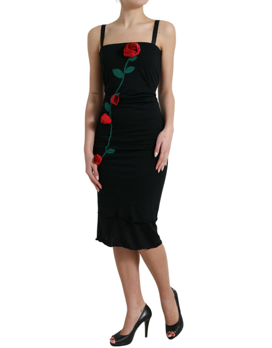 Dolce & Gabbana Black Roses Wool Sheath Bodycon Midi Dress