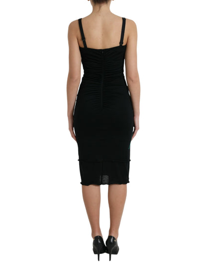 Dolce & Gabbana Black Roses Wool Sheath Bodycon Midi Dress