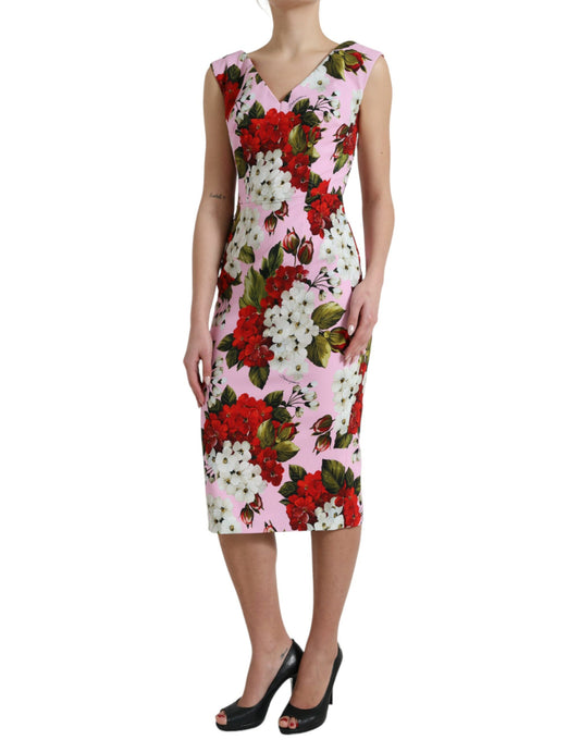 Dolce & Gabbana Pink Viscose Pink Floral V-neck Sheath Midi Dress