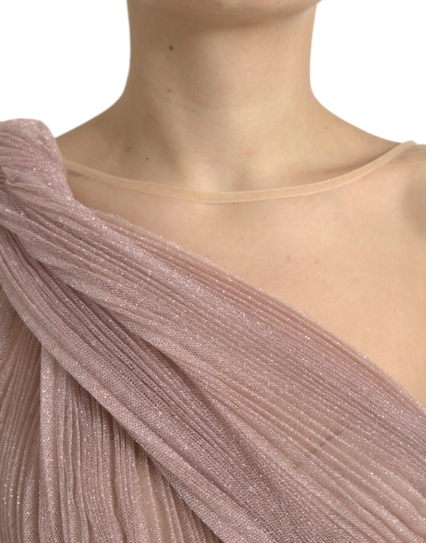 Dolce & Gabbana Pink One Shoulder Pleated Lame Tulle Dress