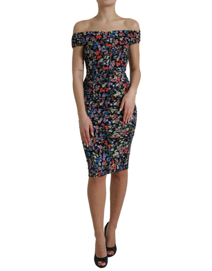 Dolce & Gabbana Multicolor Floral Sheath Off Shoulder Dress