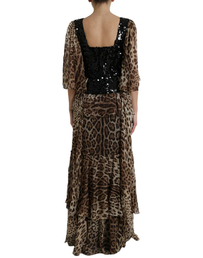 Dolce & Gabbana Brown Leopard Sequined Tiered Long Gown Dress