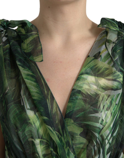 Dolce & Gabbana Green Flocked Leaf Georgette A-line Dress