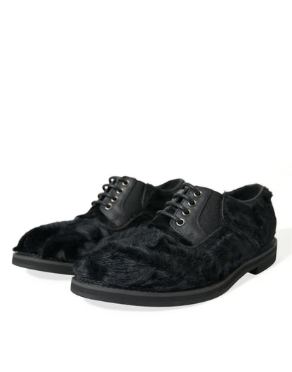 Dolce & Gabbana Black Fur Leather Lace Up Derby Dress Shoes