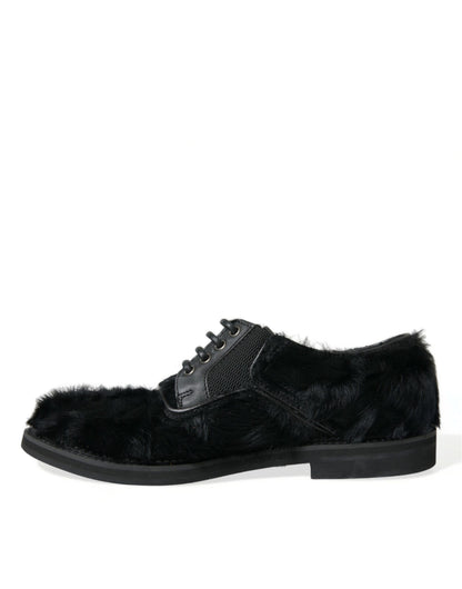 Dolce & Gabbana Black Fur Leather Lace Up Derby Dress Shoes