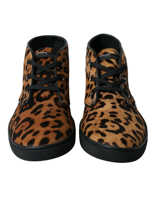 Dolce & Gabbana Brown Leopard Pony Hair Leather Sneakers Shoes