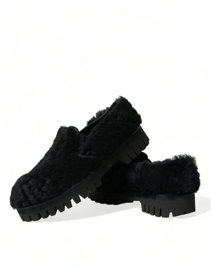 Dolce & Gabbana Black Fur Leather Slippers Dress Shoes