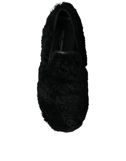 Dolce & Gabbana Black Fur Leather Slippers Dress Shoes