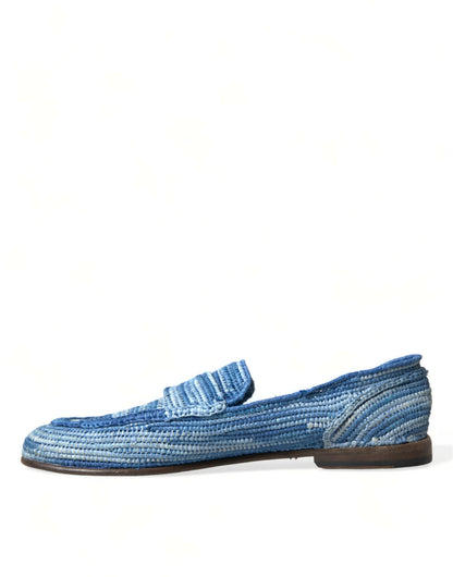 Dolce & Gabbana Blue Raffia Slip On Loafers Casual Shoes