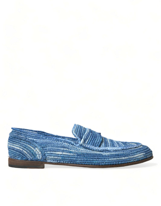 Dolce & Gabbana Blue Raffia Slip On Loafers Casual Shoes