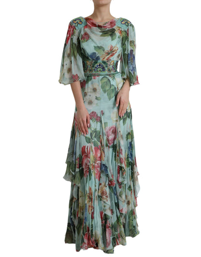 Dolce & Gabbana Blue Floral Print Tiered Long Maxi Dress