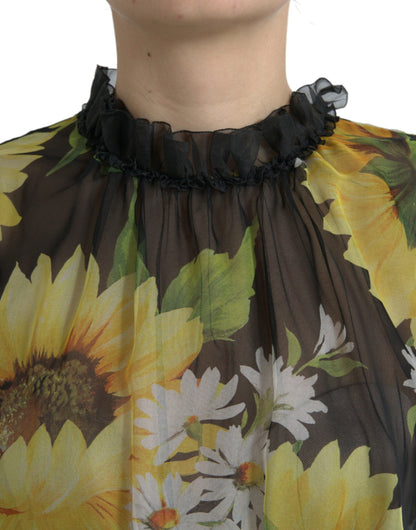 Dolce & Gabbana Black Sunflower A-line Pleated Maxi Dress