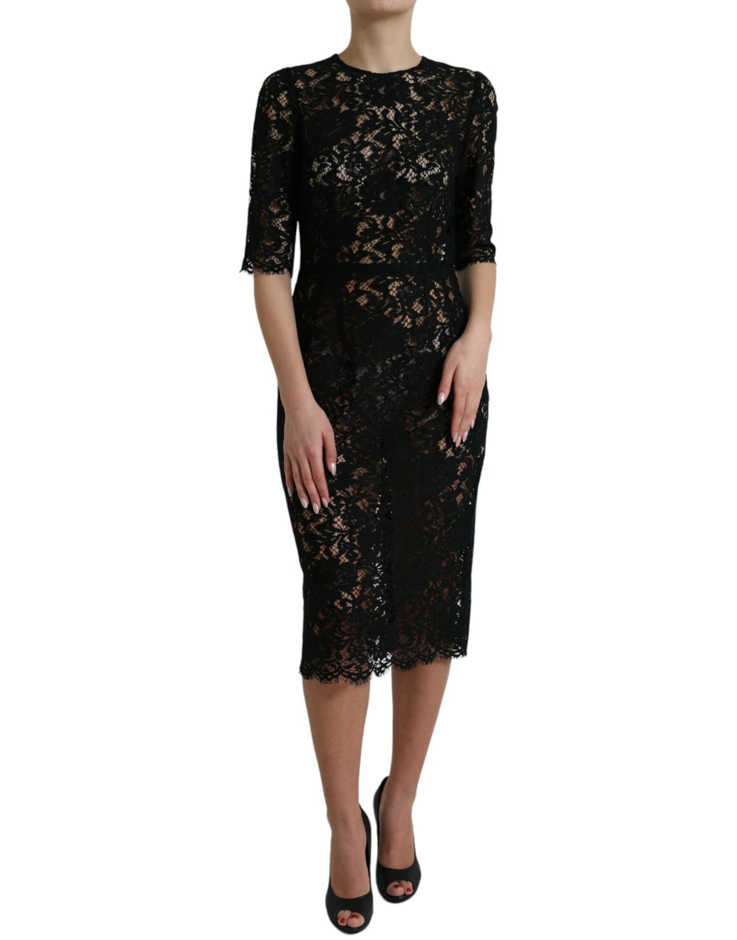 Dolce & Gabbana Black Floral Lace Viscose Sheath Midi Dress