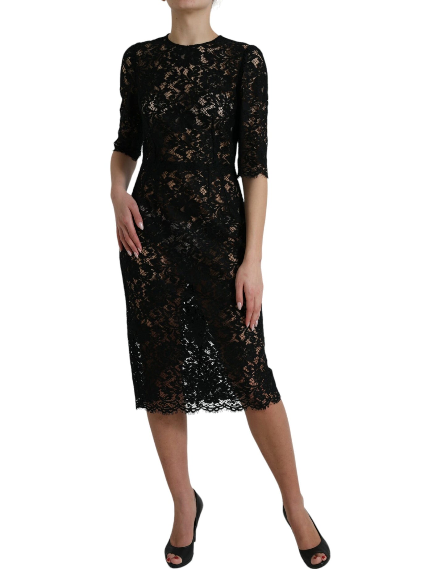 Dolce & Gabbana Black Floral Lace Viscose Sheath Midi Dress