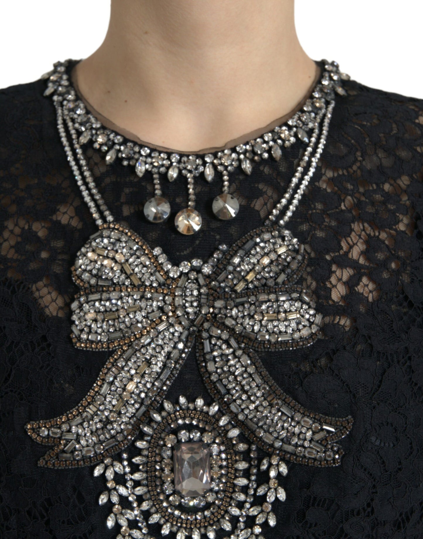 Dolce & Gabbana Black Lace Crystal Embellished Sheath Dress